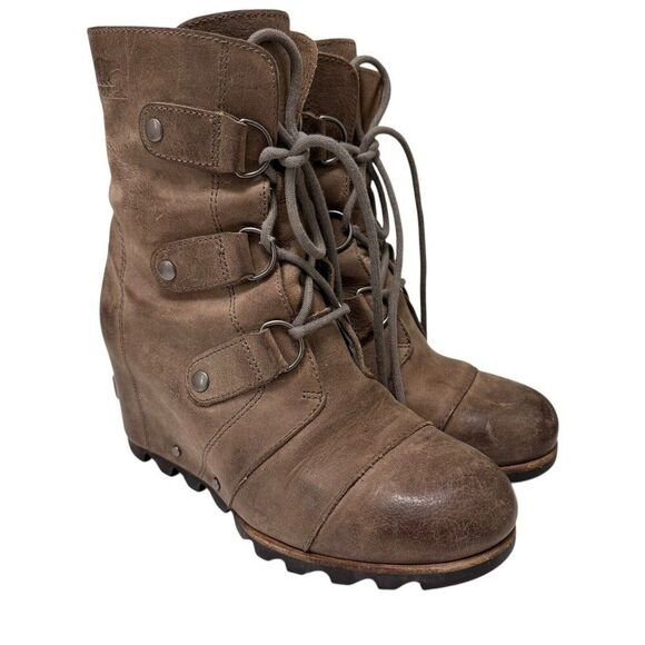 Sorel Joan of Arctic Boot Mid Lace Up Wedge Dark Fog Grey Taupe Women’s 7.5 - Picture 3 of 13